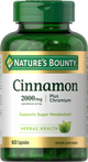 A bottle of Nature's Bounty Cinnamon Plus Chromium dietary supplement with 2000 mg of cinnamon and 600 mg of chromium, labeled for herbal health and diabetic support.