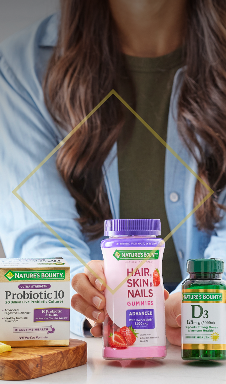 Nature's Bounty supplements image with Probiotic 10, Hair Skin & Nails Gummies, and Vitamin D3
