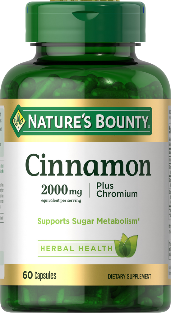 A bottle of Nature's Bounty Cinnamon Plus Chromium dietary supplement with 2000 mg of cinnamon and 600 mg of chromium, labeled for herbal health and diabetic support.